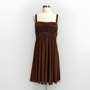 Caché VTG Y2K Party Dress Beaded Cocktail Womens 10 Brown Sleeveless Square Neck